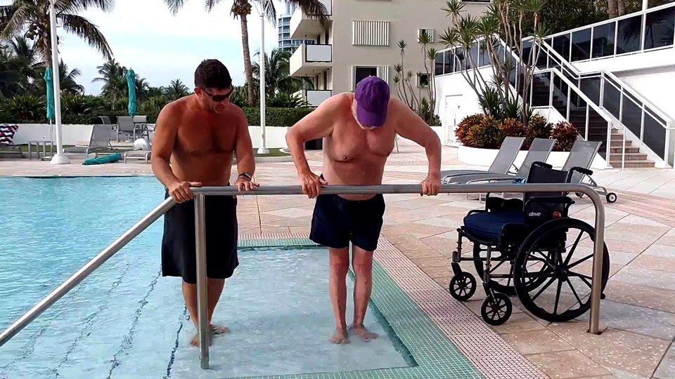 Car accident survivor at pool rail